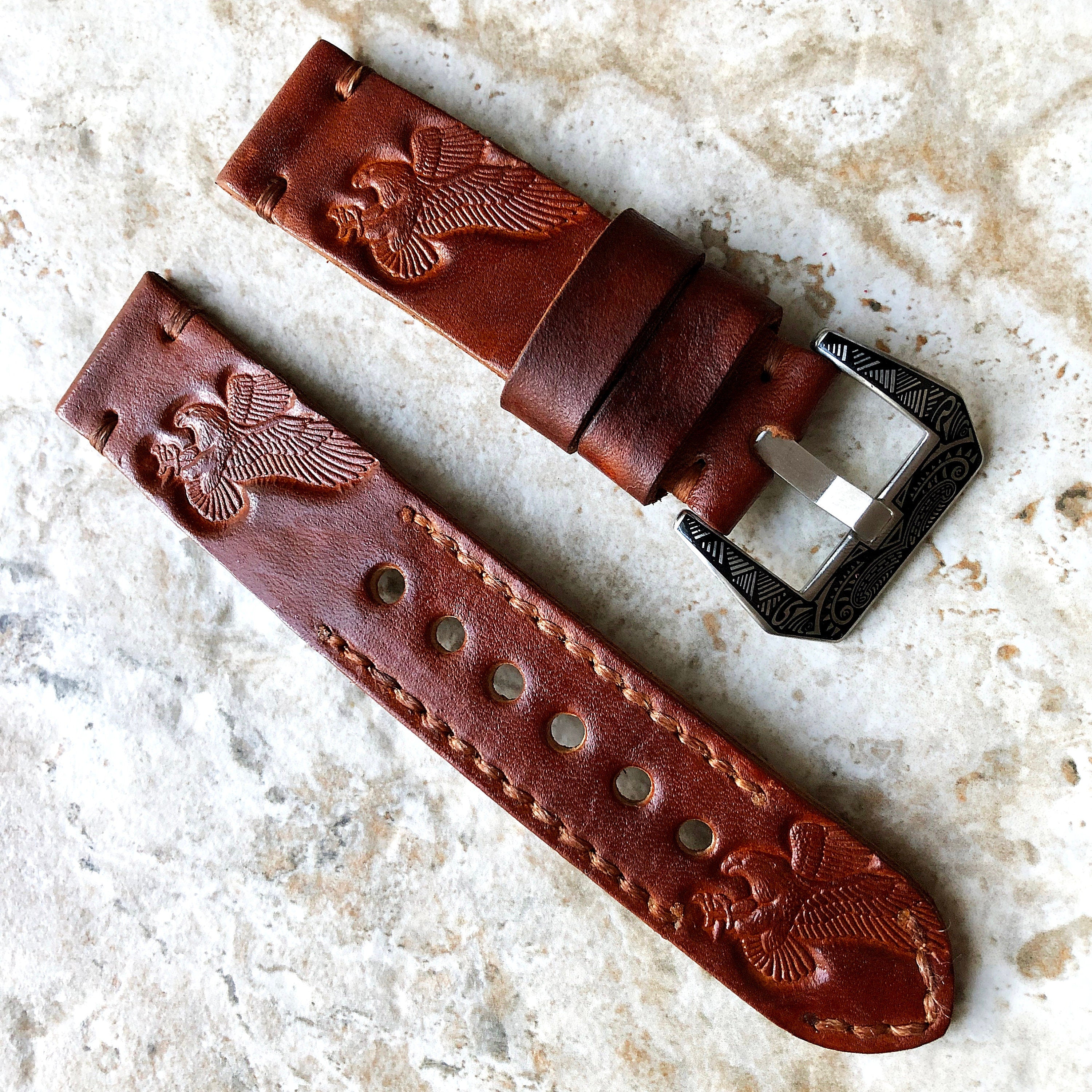 Eagle Attack Band 22mm 24mm 25mm Embossed Genuine Leather Compatible with Apple Watch Fitbit Versa 2 3 4 Sense 2 Ionic Handmade Strap